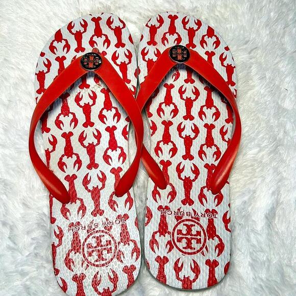 Tory Burch Red White Lobster Slip On Flats Silver Logo Classic Capsule Preppy 9 - Picture 2 of 6